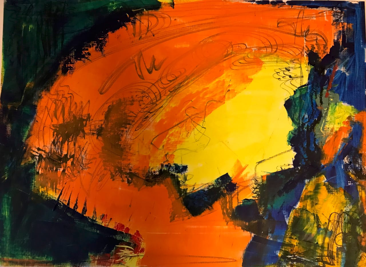 An abstract image of a head in profile, face yellow and hair and body orange on a blue background